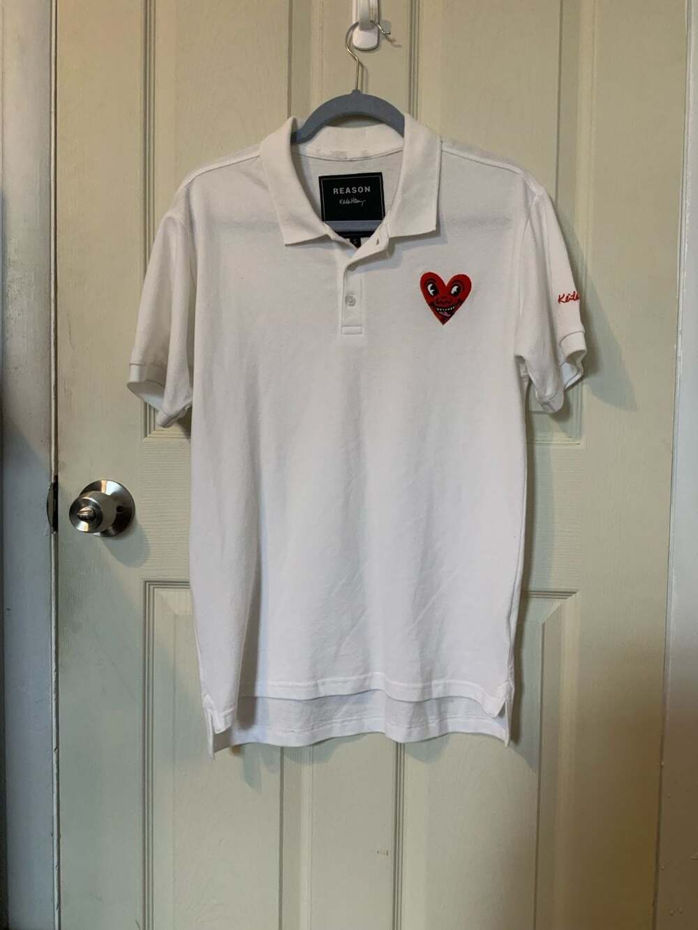 Reason Clothing x Keith Haring Heart Logo Embroidered White Polo Shirt